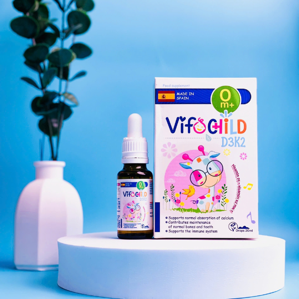 Vitamin D3K2 Vifochild cho bé – Chai 20ml, Giúp hỗ trợ phát triển chiều cao, tăng hấp thu canxi, DHA tăng thị lực