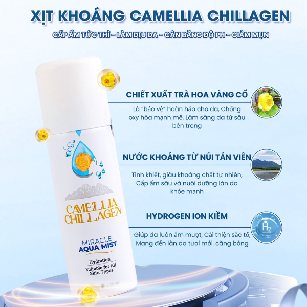 Xịt khoáng dưỡng da ngừa mụn trà hoa vàng Camellia Chillagen X5 - Nhẹ tênh cho làn da xinh